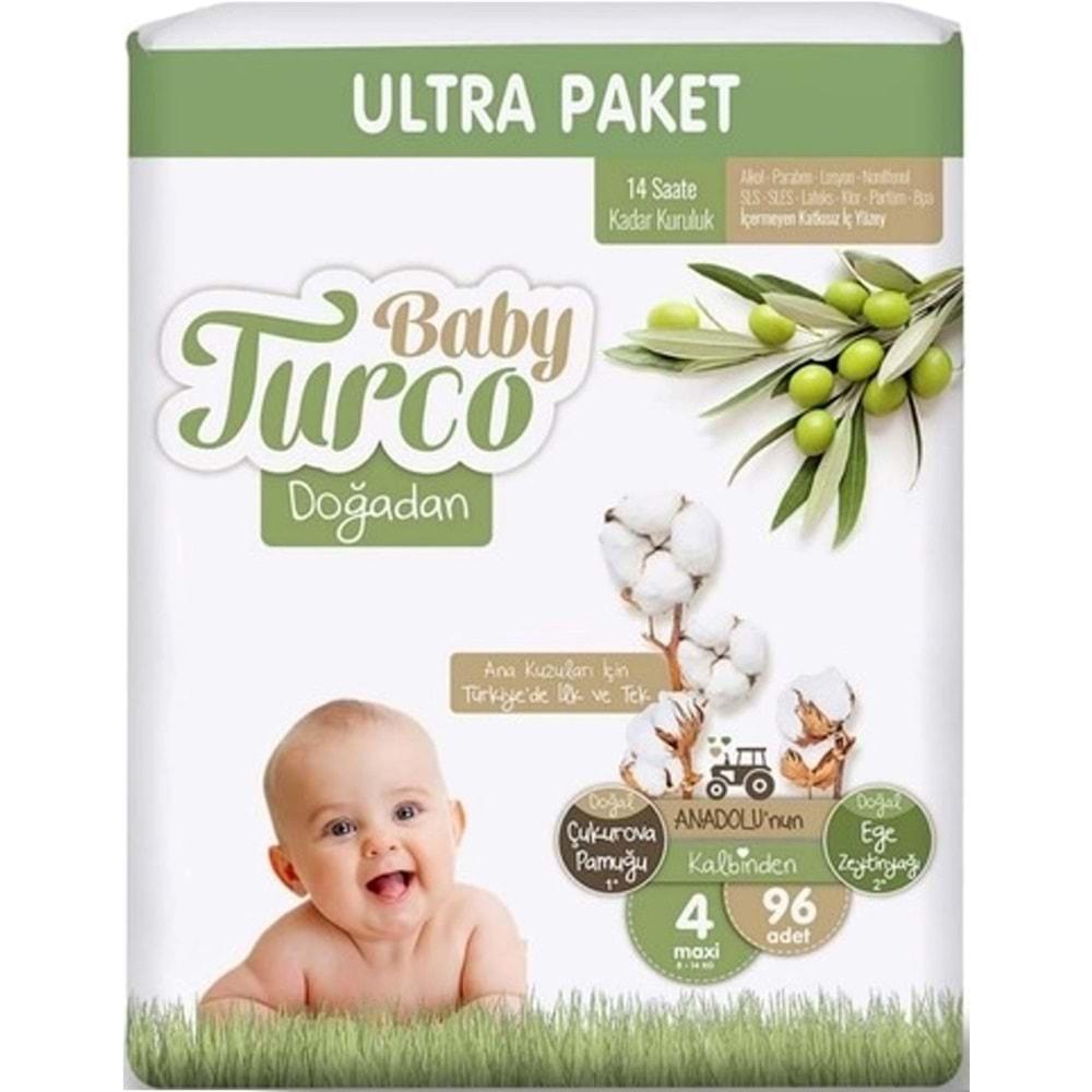 Baby Turco Bebek Bezi Doğadan Beden:4 (8-14Kg) Maxi 192 Adet Ultra Ekonomik Pk