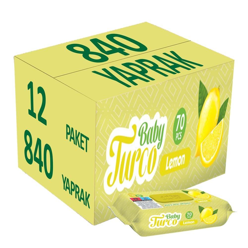 Baby Turco Islak Havlu Mendil 70 Yaprak Limon 12 Li Set Plastik Kapaklı (840 Yaprak)