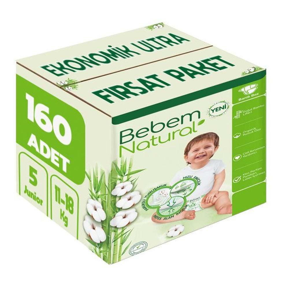 Bebem Bebek Bezi Natural Beden:5 (11-18Kg) Junior 160 Adet Ekonomik Ultra Fırsat Pk