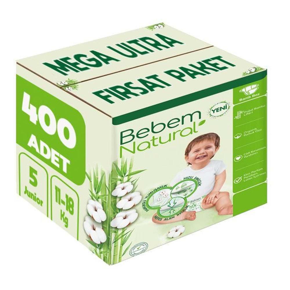 Bebem Bebek Bezi Natural Beden:5 (11-18Kg) Junior 400 Adet Mega Ultra Fırsat Pk