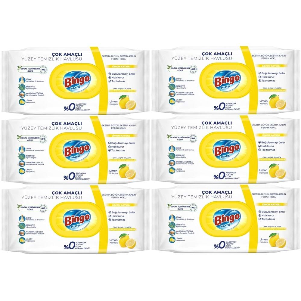 Bingo Clean Yüzey Temizlik Havlusu 96 Yaprak Limon Kokulu Plastik Kapaklı (6 Lı Set) 576 Yaprak