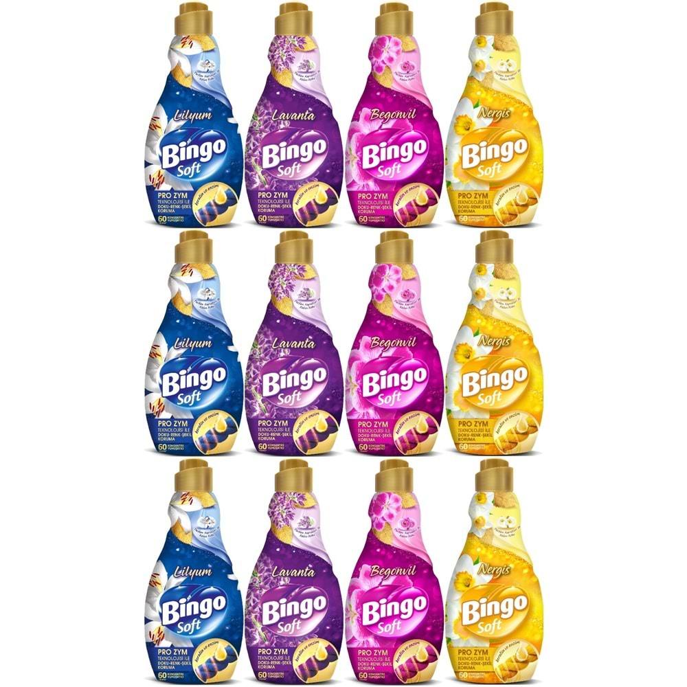 Bingo Soft Çamaşır Yumuşatıcı Konsantre 1440ML Karma 12 Li Set (Lilyum-Lavanta-Begonvil-Nergis)