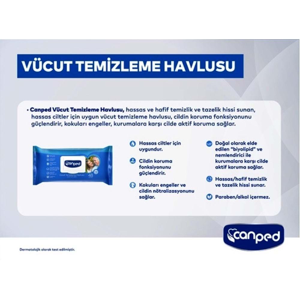 Canped Hasta Vücut Perine Temizleme Islak Mendil Havlu 48 Yaprak XL (12 Li Set) Plastik Kapaklı