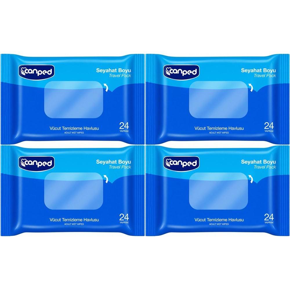 Canped Yetişkin Vücut Temizleme Islak Mendil Havlu 24 Yaprak Seyahat Boy 4 Lü Set (96 Yaprak)
