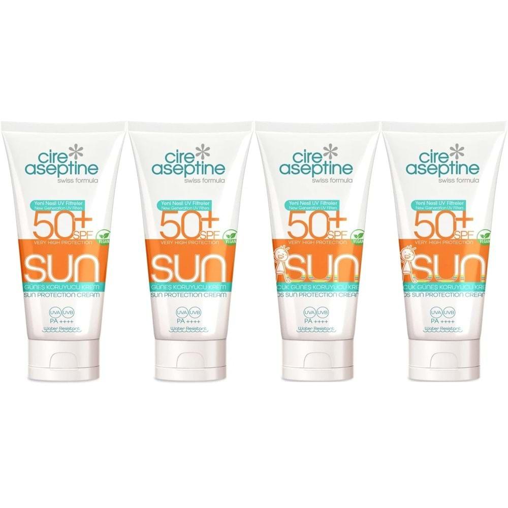 Cire Aseptine Sun Güneş Kremi 50+ SPF 150 ML + Güneş Kremi Çocuk 50+ SPF 150 ML Karma (4 Lü Set)