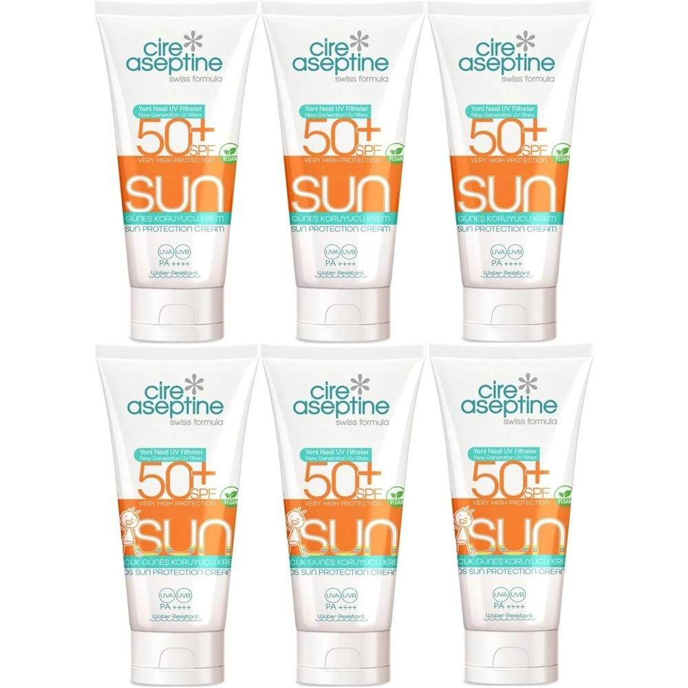 Cire Aseptine Sun Güneş Kremi 50+ SPF 150 ML + Güneş Kremi Çocuk 50+ SPF 150 ML Karma (6 Lı Set)