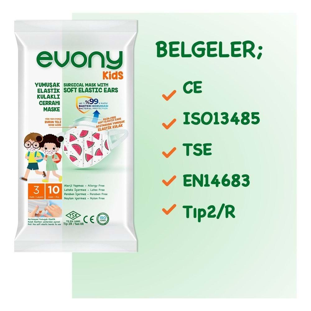 Evony 3 Katlı Filtreli Burun Telli Cerrahi Maske (Kids Çoçuklar İçin) 30 Lu Set (3Pk*10) (Desenli)