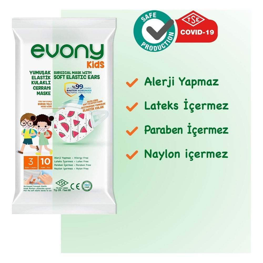 Evony 3 Katlı Filtreli Burun Telli Cerrahi Maske (Kids Çoçuklar İçin) 30 Lu Set (3Pk*10) (Desenli)