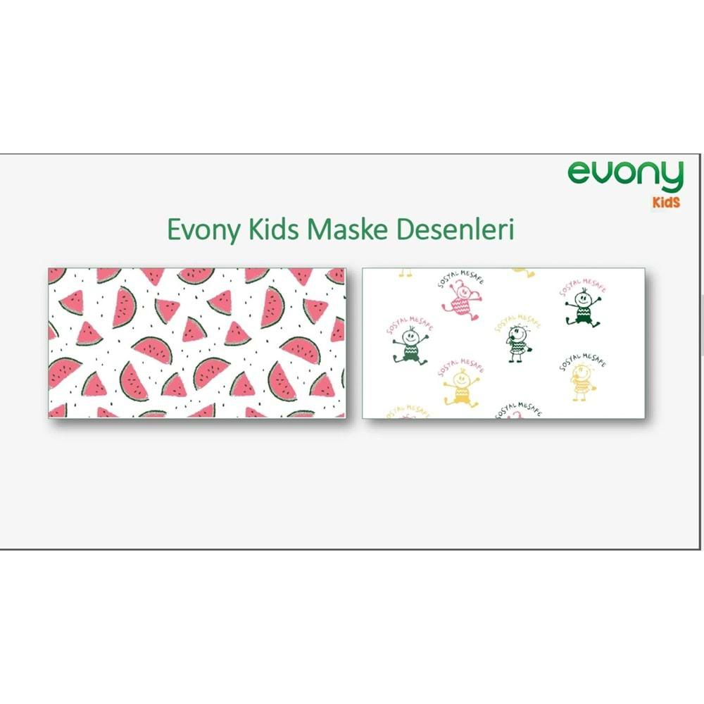 Evony 3 Katlı Filtreli Burun Telli Cerrahi Maske (Kids Çoçuklar İçin) 90 Lı Set (9Pk*10) (Desenli)