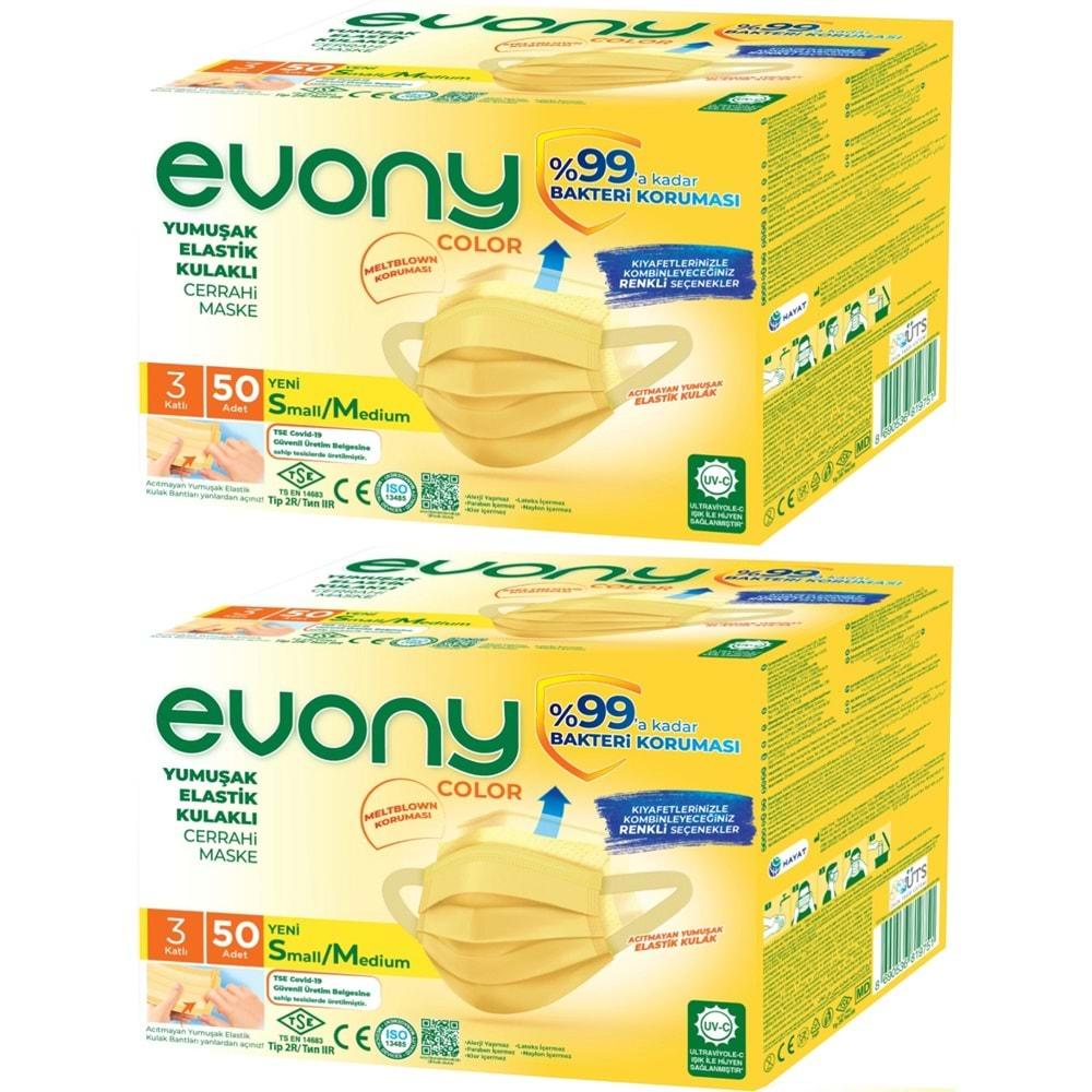 Evony 3 Katlı Filtreli Burun Telli Cerrahi Maske 100 Lü Set Small/Medium Sarı 160*90MM (2PK*50)