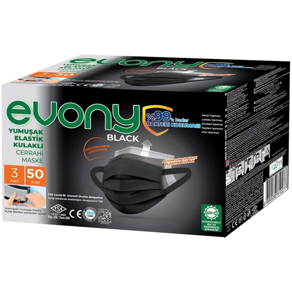 Evony 3 Katlı Filtreli Burun Telli Cerrahi Maske 300 Lü Set Siyah/Black (Yumuşak Elastik Kulaklı)
