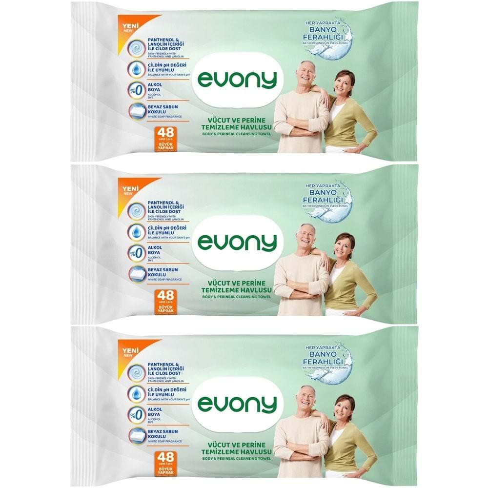 Evony Hasta Vücut Perine Temizleme Islak Mendil Havlu 48 Yaprak XL Banyo Ferahlığı (3 Lü Set)