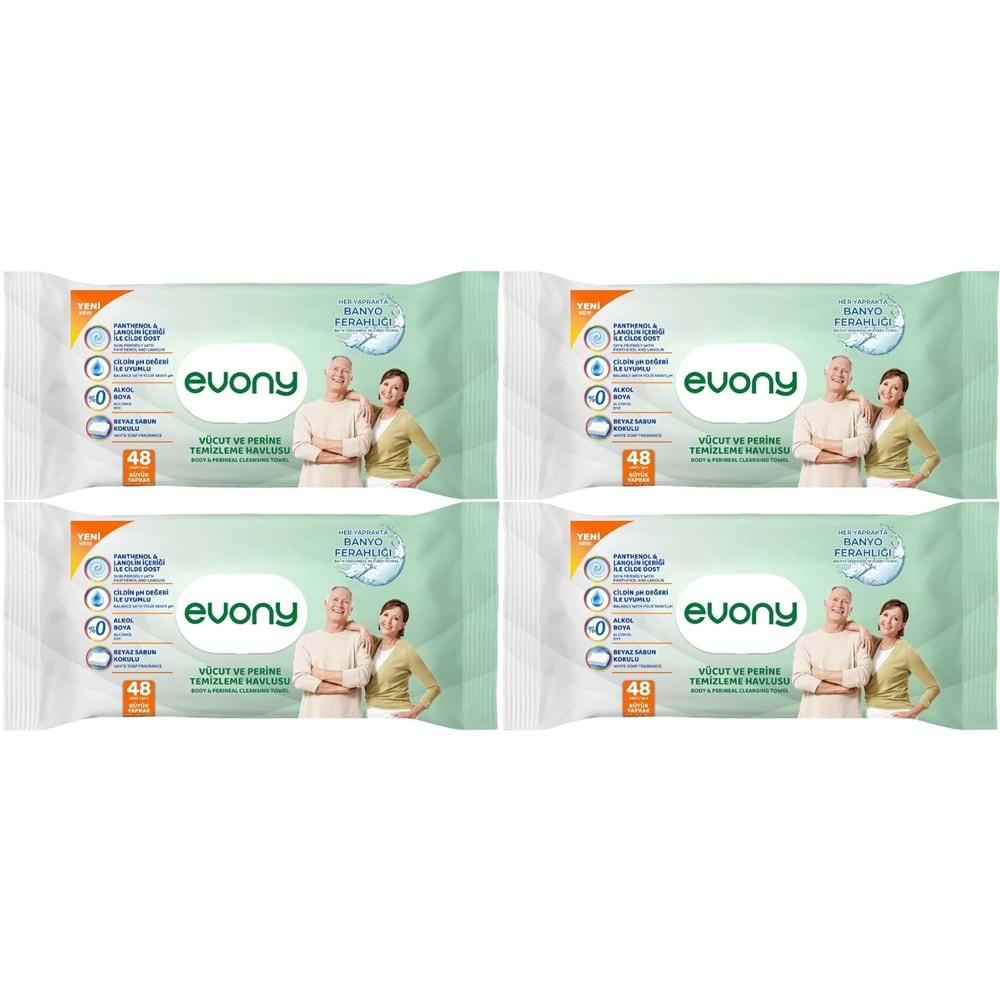 Evony Hasta Vücut Perine Temizleme Islak Mendil Havlu 48 Yaprak XL Banyo Ferahlığı (4 Lü Set)