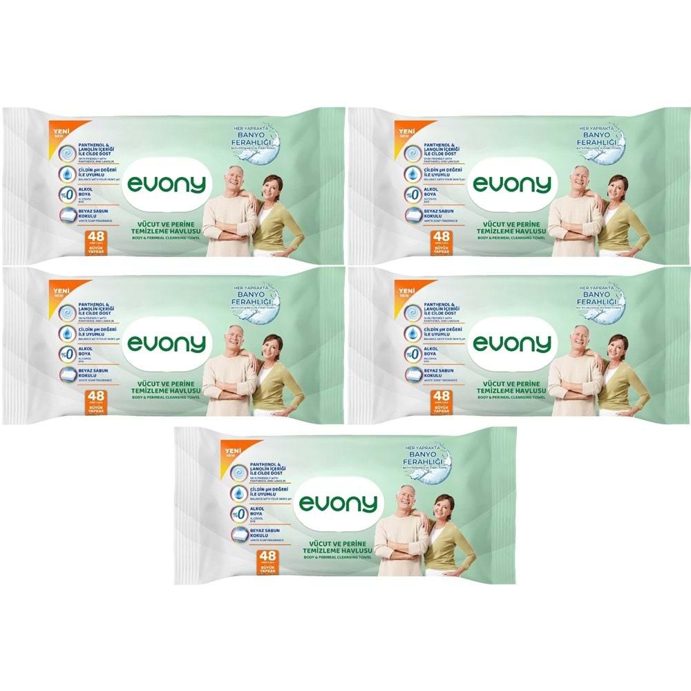 Evony Hasta Vücut Perine Temizleme Islak Mendil Havlu 48 Yaprak XL Banyo Ferahlığı (5 Li Set)