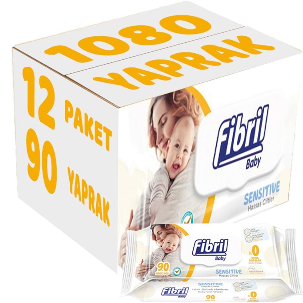 Fibril Islak Havlu Mendil 90 Yaprak Baby Sensitive Plastik Kapaklı (12 Li Set) 1080 Yaprak