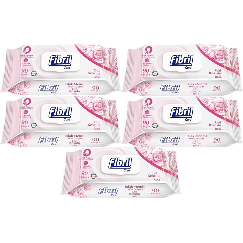 Fibril Islak Havlu Mendil 90 Yaprak Gül Plastik Kapaklı (5 Li Set) 450 Yaprak