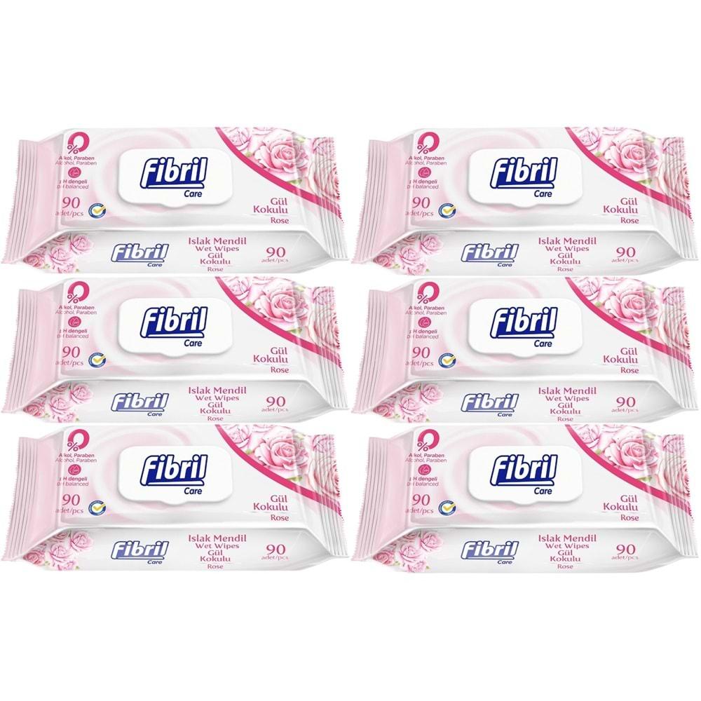 Fibril Islak Havlu Mendil 90 Yaprak Gül Plastik Kapaklı (6 Lı Set) 540 Yaprak