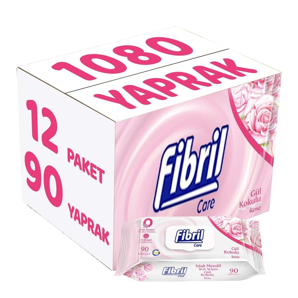 Fibril Islak Havlu Mendil 90 Yaprak Gül Plastik Kapaklı (12 Li Set) 1080 Yaprak