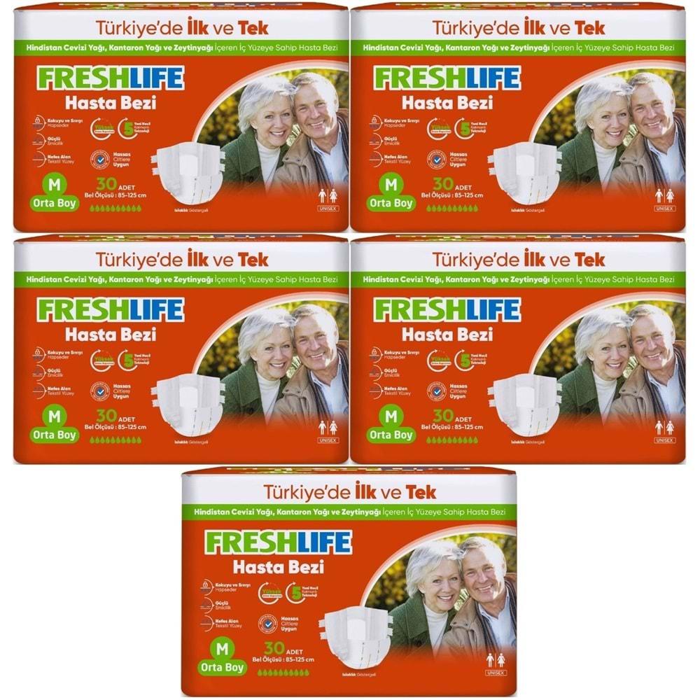 FreshLife Yetişkin Hasta Bezi Bantlı M - Medium - Orta 150 Adet (5PK*30)