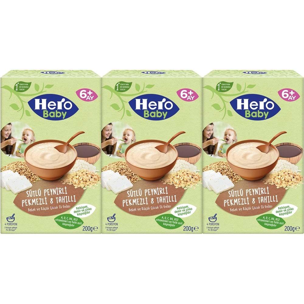 Hero Baby Kaşık Maması 200GR Sütlü Peynirli Pekmezli 8 Tahıllı 3 Lü Set