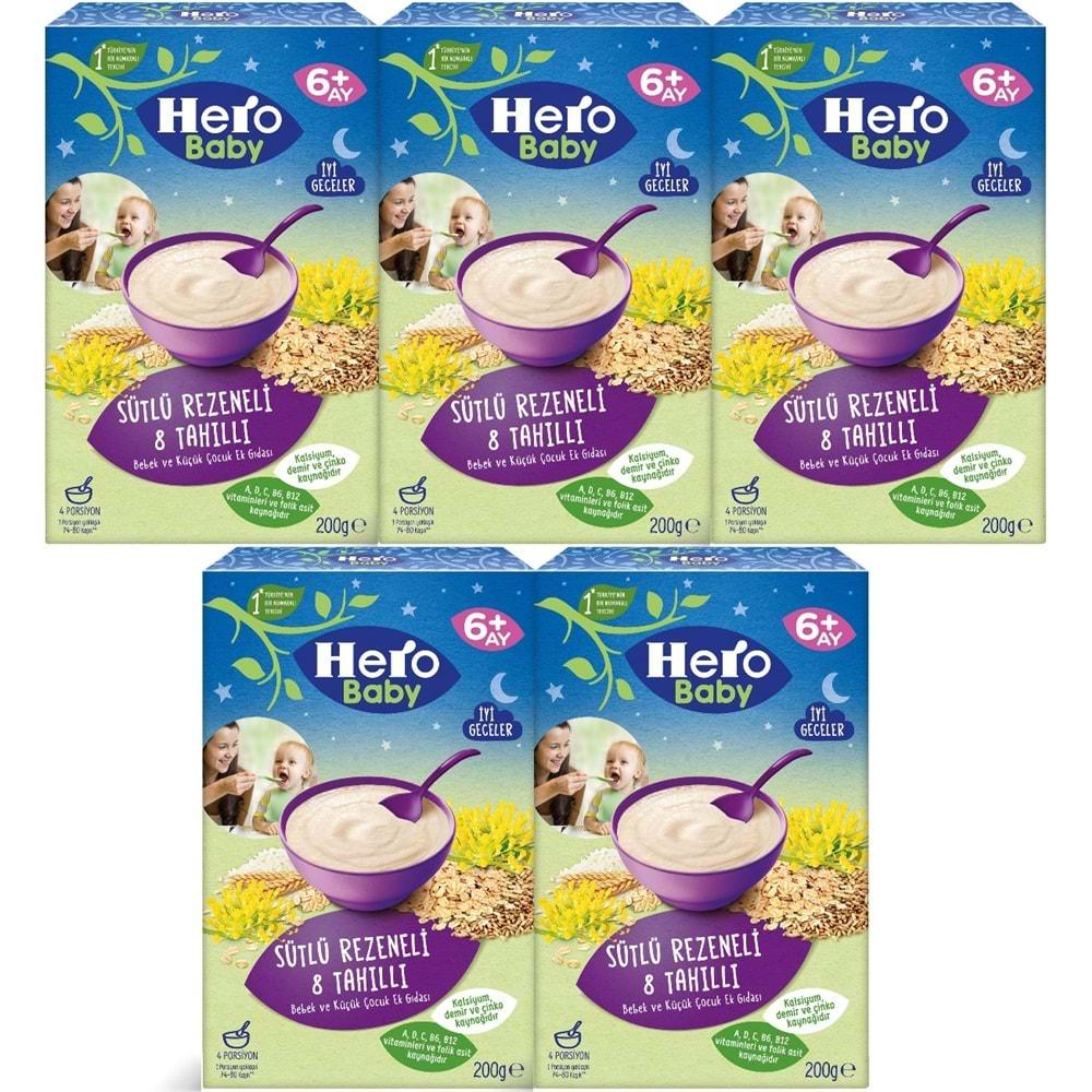 Hero Baby Kaşık Maması 200GR Gece Sütlü Rezeneli 8 Tahıllı 5 Li Set