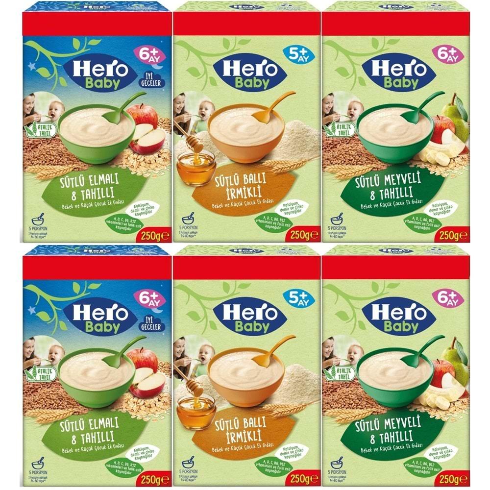 Hero Baby Kaşık Maması 250GR (Karma 6 Lı Set) Sütlü Meyveli - Elmalı 8 Tahıllı - Ballı İrmikli