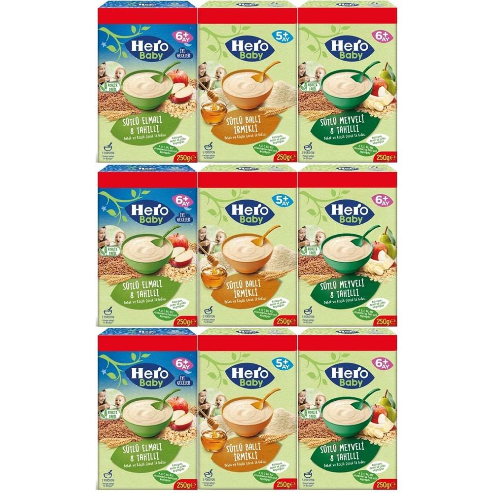 Hero Baby Kaşık Maması 250GR (Karma 9 Lu Set) Sütlü Meyveli - Elmalı 8 Tahıllı - Ballı İrmikli