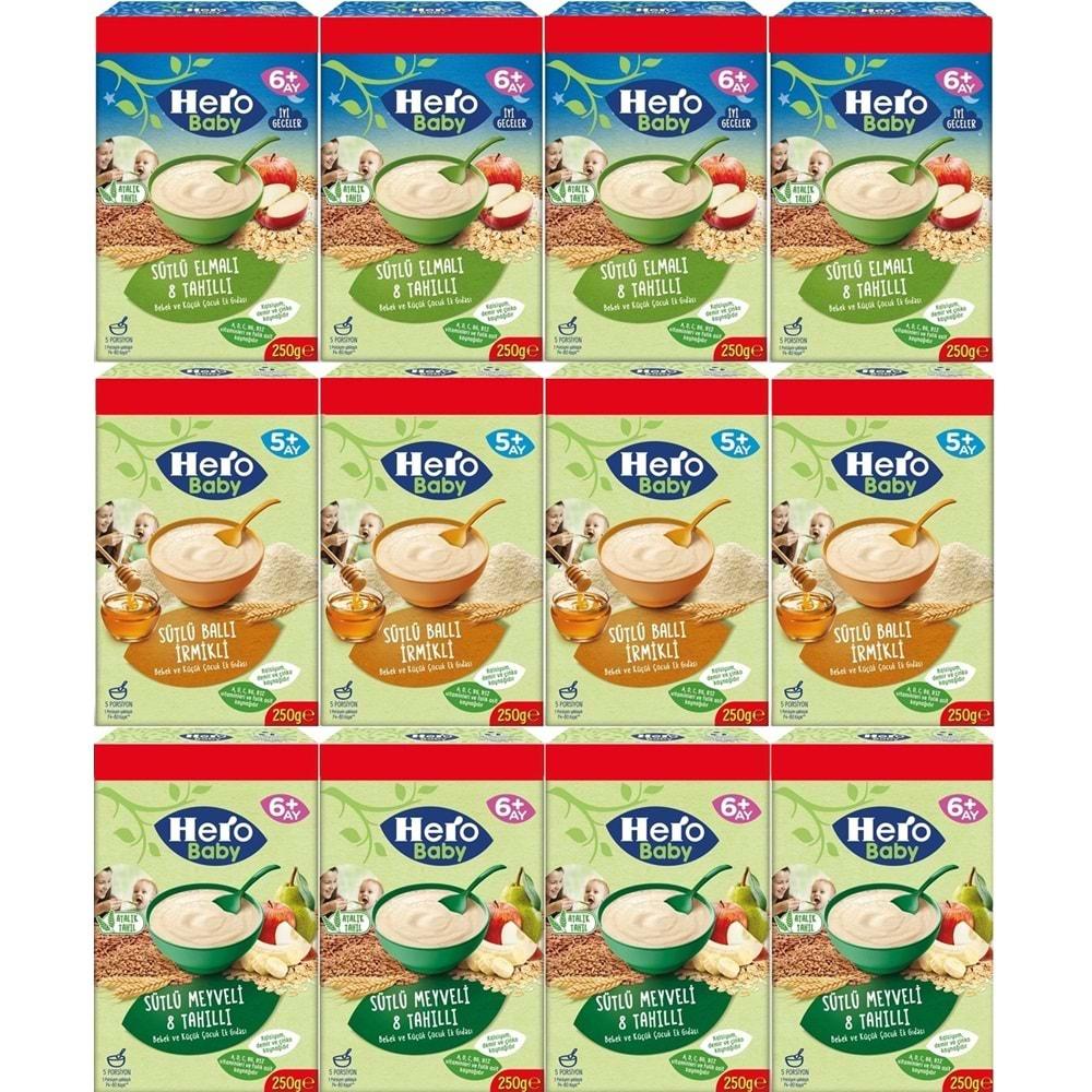 Hero Baby Kaşık Maması 250GR (Karma 12 Li Set) Sütlü Meyveli - Elmalı 8 Tahıllı - Ballı İrmikli