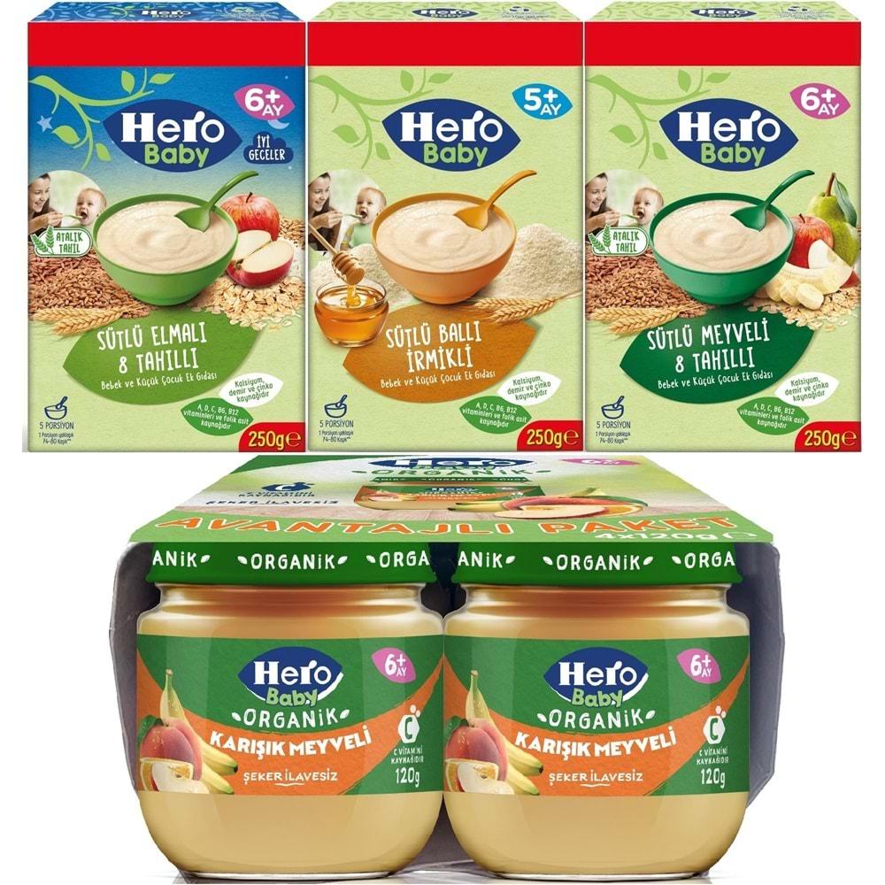 Hero Baby Kaşık Maması 250GR Sütlü Meyveli - Elmalı 8 Tahıllı - Ballı İrmikli +4 Adet Kavanoz Maması