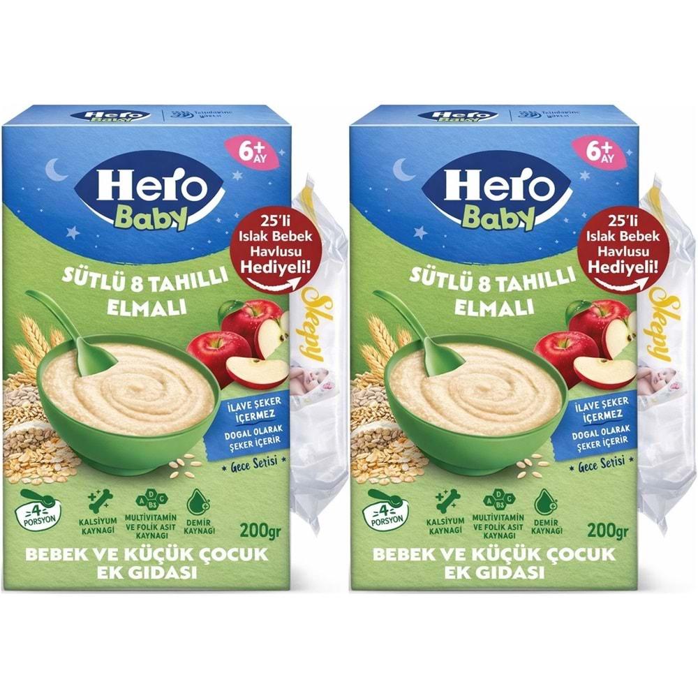 Hero Baby Kaşık Maması 200GR Gece Sütlü Elmalı 8 Tahıllı + Islak Mendil Hediye (2 Li Set)