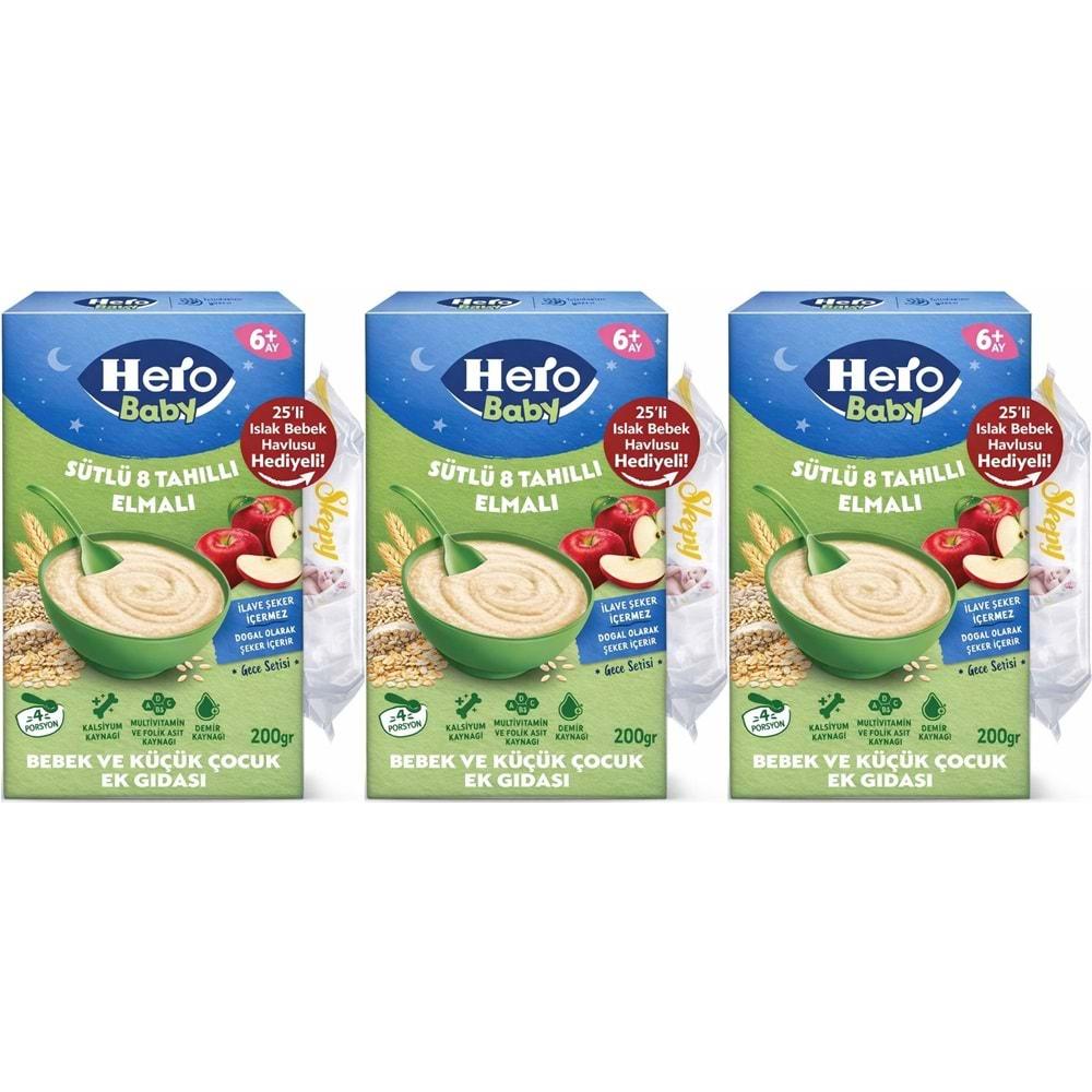 Hero Baby Kaşık Maması 200GR Gece Sütlü Elmalı 8 Tahıllı + Islak Mendil Hediye (3 Lü Set)