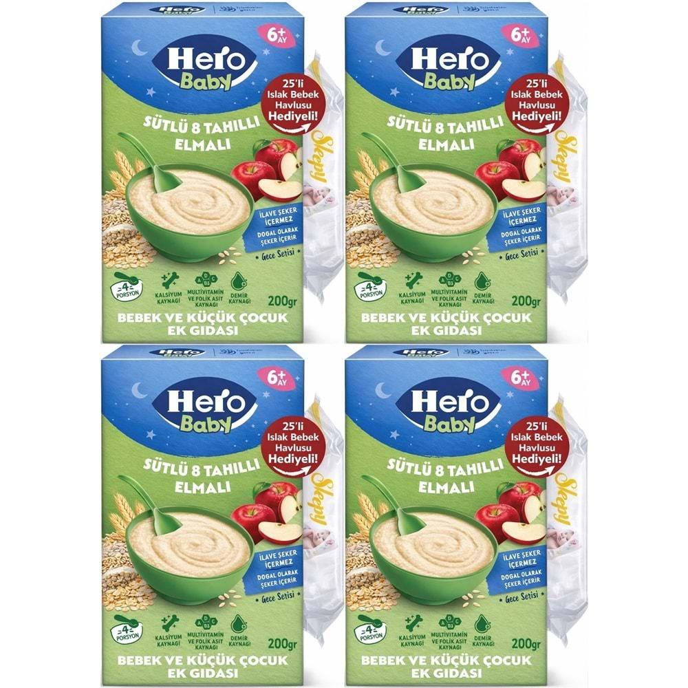 Hero Baby Kaşık Maması 200GR Gece Sütlü Elmalı 8 Tahıllı + Islak Mendil Hediye (4 Lü Set)