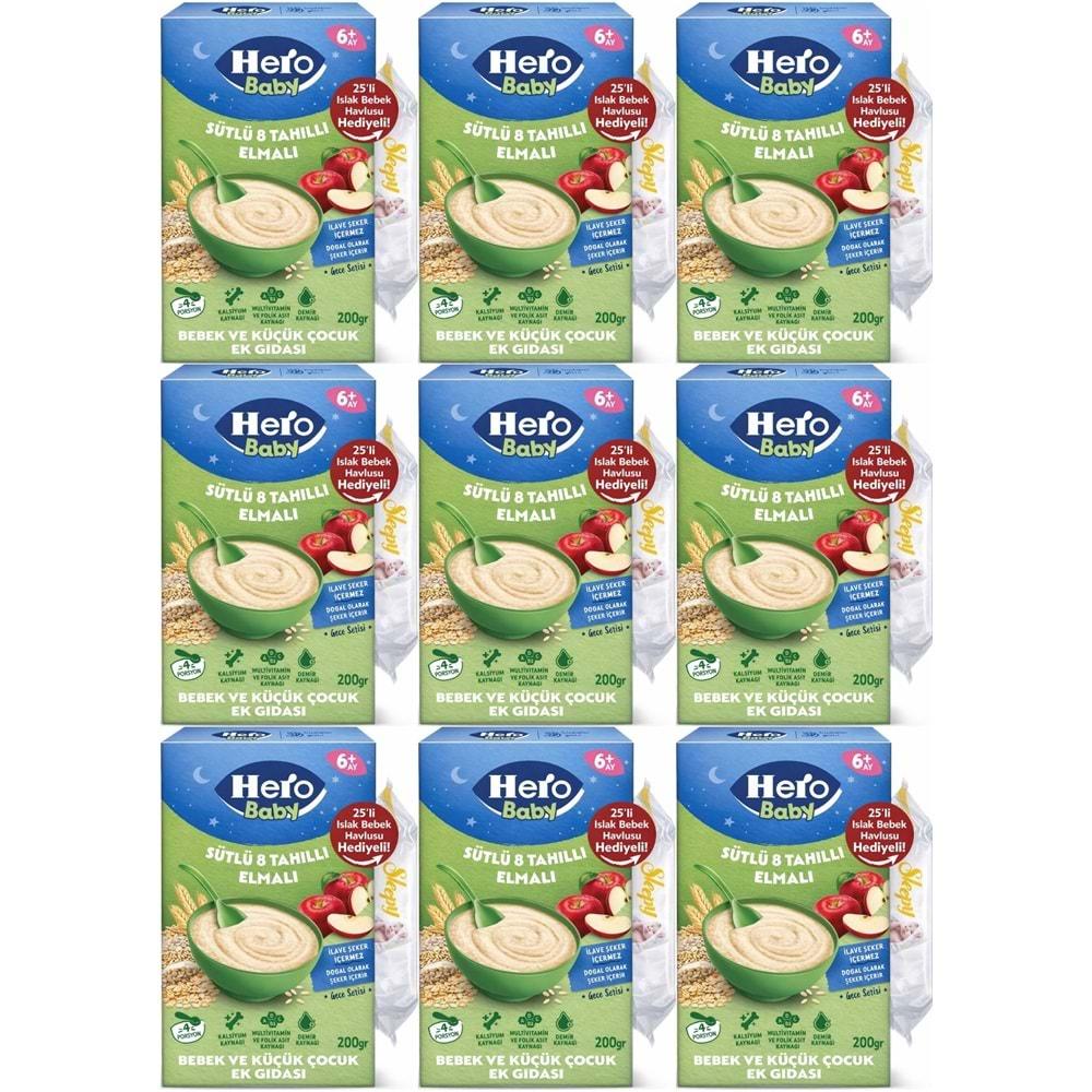 Hero Baby Kaşık Maması 200GR Gece Sütlü Elmalı 8 Tahıllı + Islak Mendil Hediye (9 Lu Set)