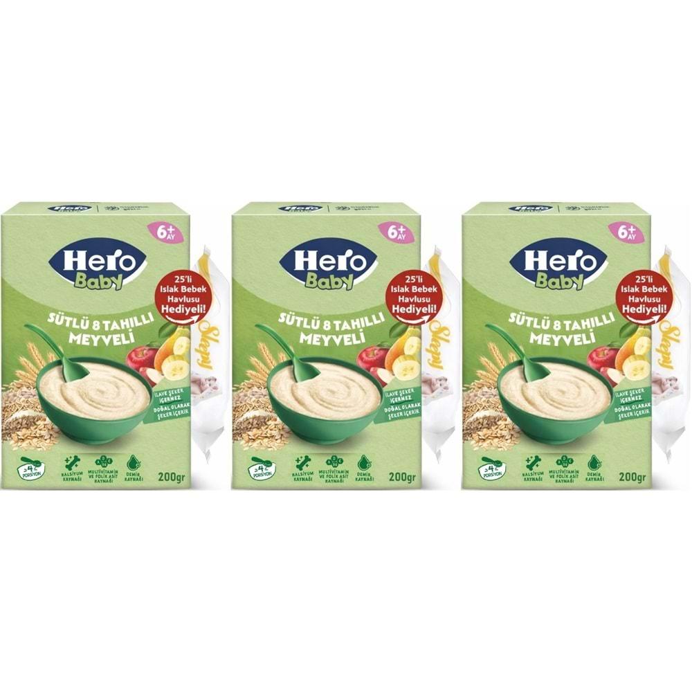 Hero Baby Kaşık Maması 200GR Sütlü 8 Tahıllı Meyveli + Islak Mendil Hediye (3 Lü Set)