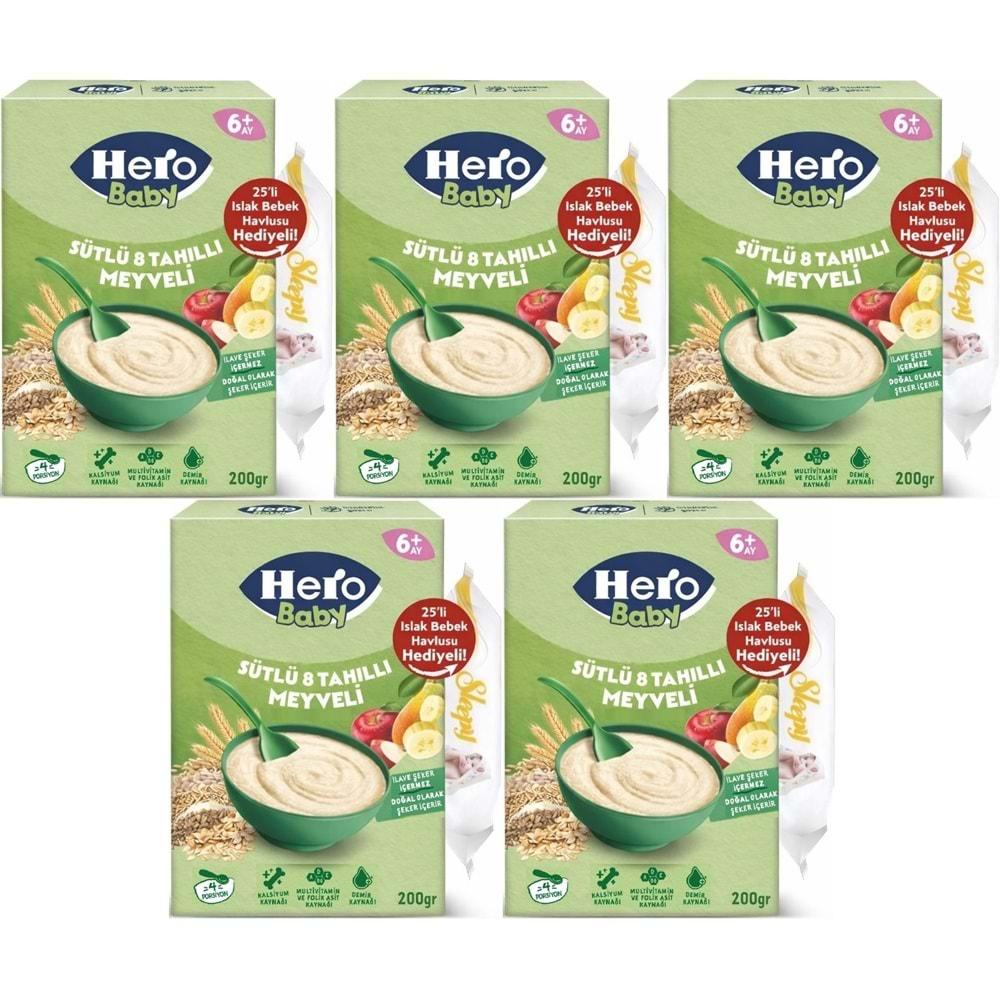 Hero Baby Kaşık Maması 200GR Sütlü 8 Tahıllı Meyveli + Islak Mendil Hediye (5 Li Set)