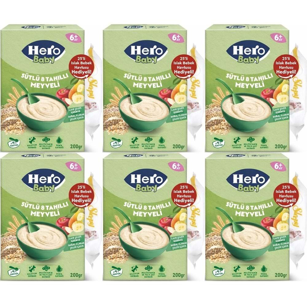 Hero Baby Kaşık Maması 200GR Sütlü 8 Tahıllı Meyveli + Islak Mendil Hediye (6 Lı Set)