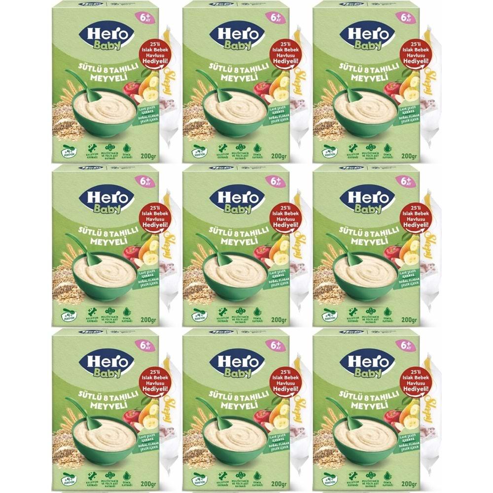 Hero Baby Kaşık Maması 200GR Sütlü 8 Tahıllı Meyveli + Islak Mendil Hediye (9 Lu Set)