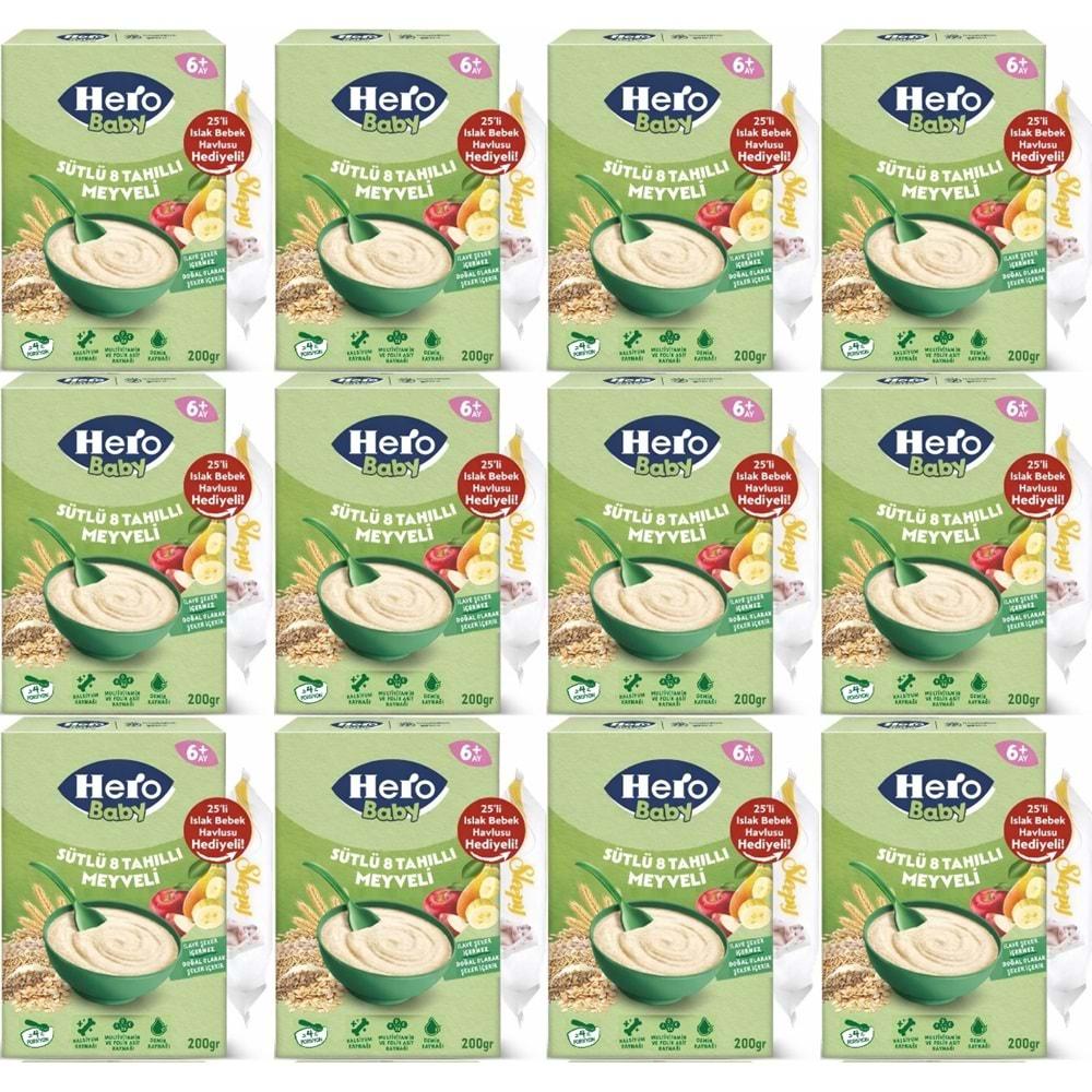 Hero Baby Kaşık Maması 200GR Sütlü 8 Tahıllı Meyveli + Islak Mendil Hediye (12 Li Set)