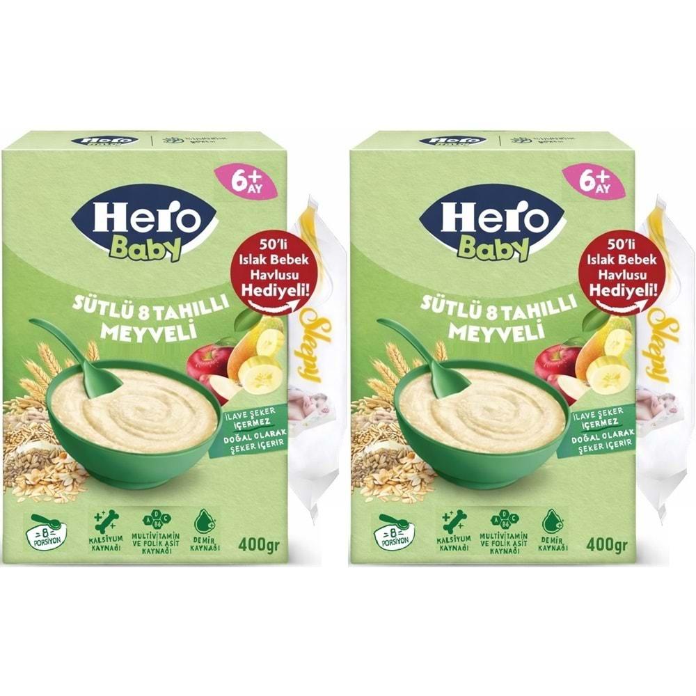 Hero Baby Kaşık Maması 400GR Sütlü 8 Tahıllı Meyveli + Islak Mendil Hediye (2 Li Set)