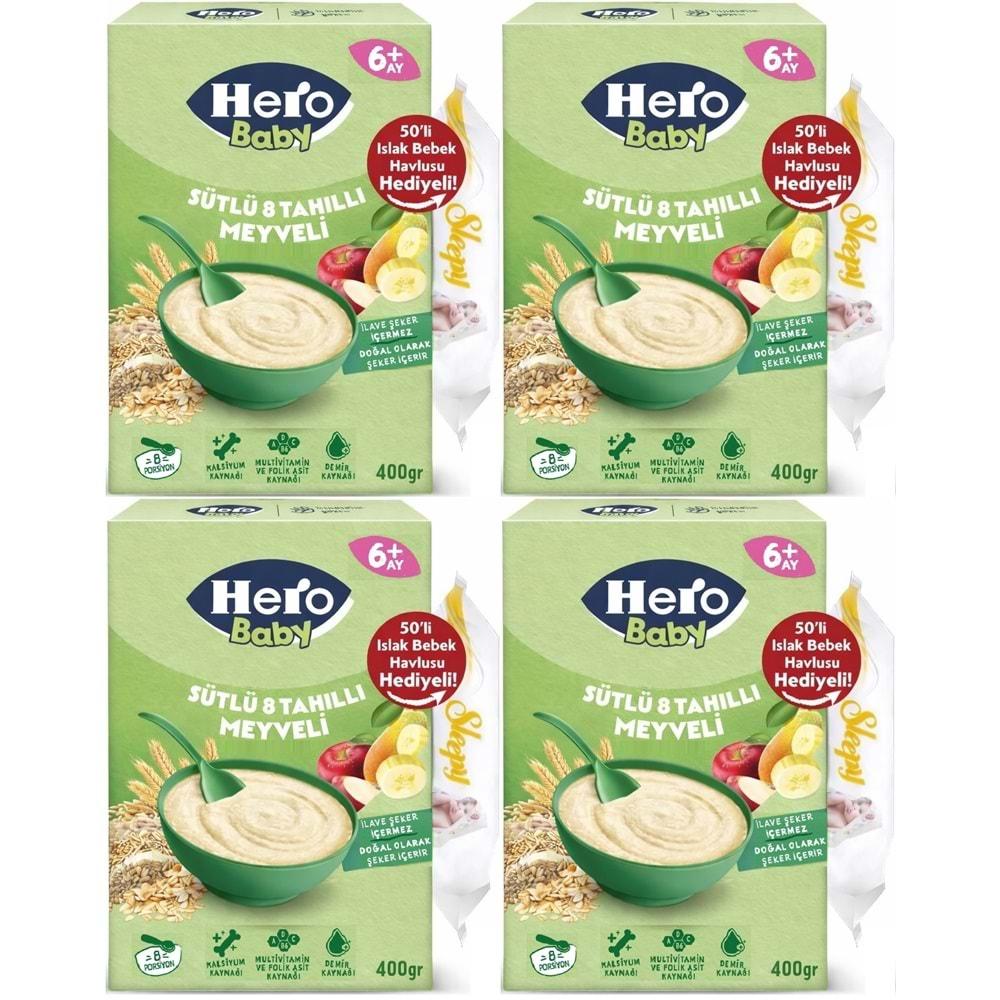 Hero Baby Kaşık Maması 400GR Sütlü 8 Tahıllı Meyveli + Islak Mendil Hediye (4 Lü Set)