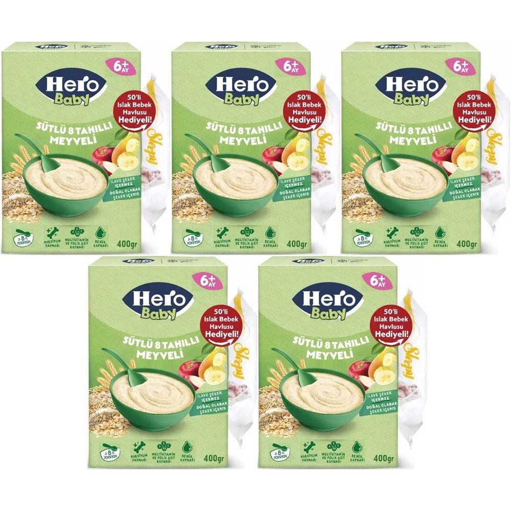 Hero Baby Kaşık Maması 400GR Sütlü 8 Tahıllı Meyveli + Islak Mendil Hediye (5 Li Set)
