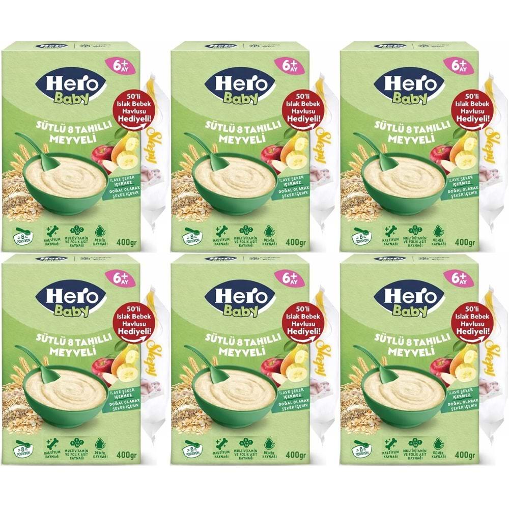 Hero Baby Kaşık Maması 400GR Sütlü 8 Tahıllı Meyveli + Islak Mendil Hediye (6 Lı Set)