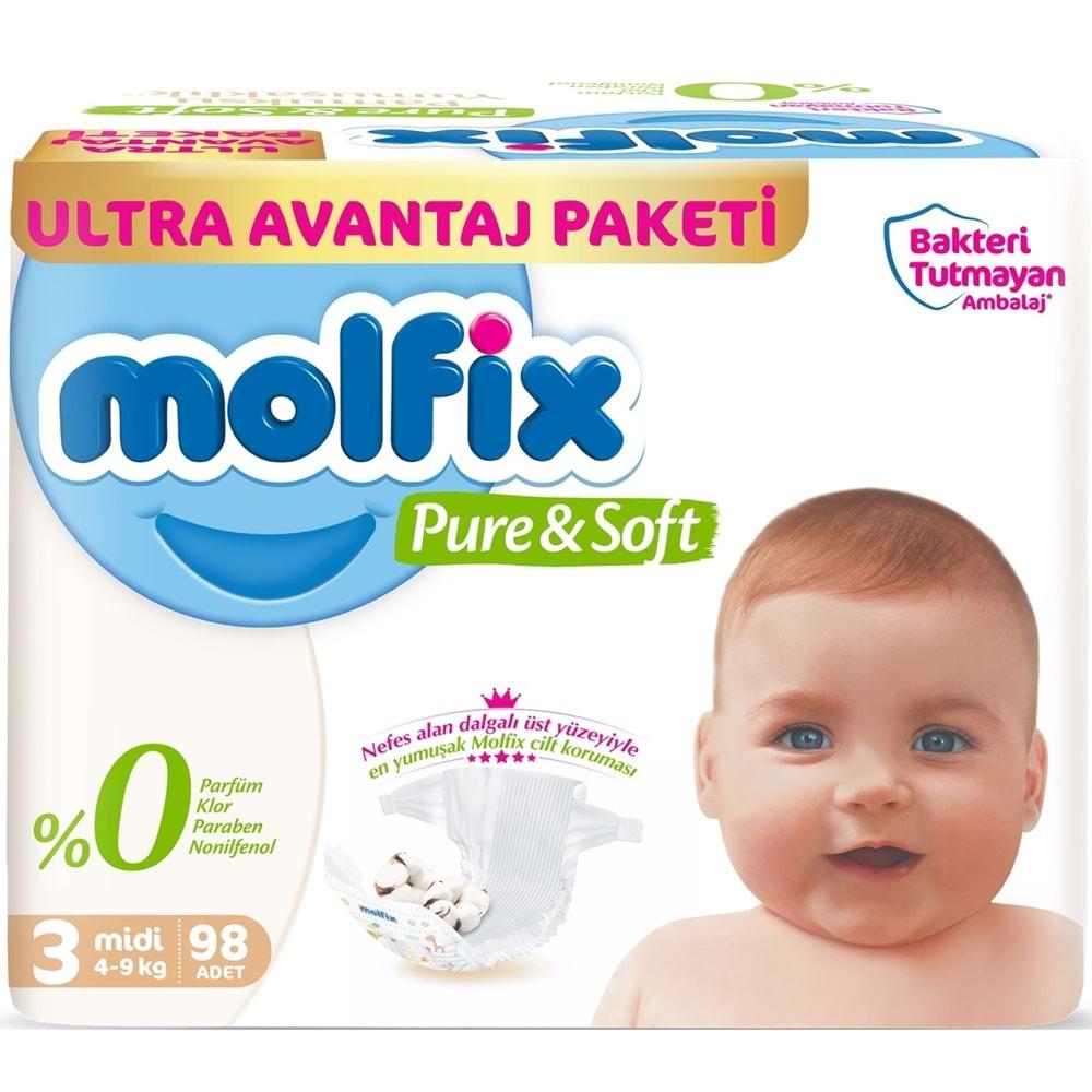 Molfix Pure&Soft Bebek Bezi Beden:3 (4-9Kg) Midi 196 Adet Ekonomik Ultra Avantaj Pk