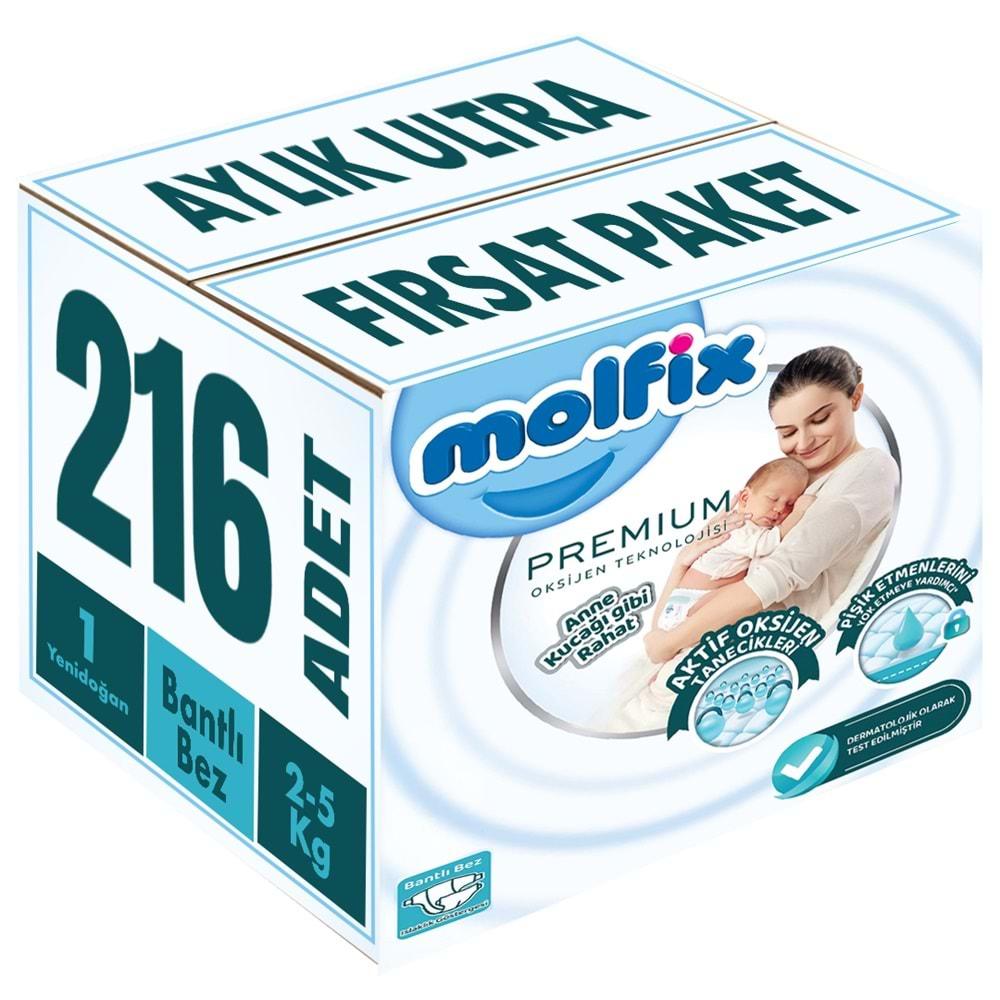 Molfix Premium Bebek Bezi Beden:1 (2-5KG) Yeni Doğan 216 Adet Aylık Ultra Fırsat Pk