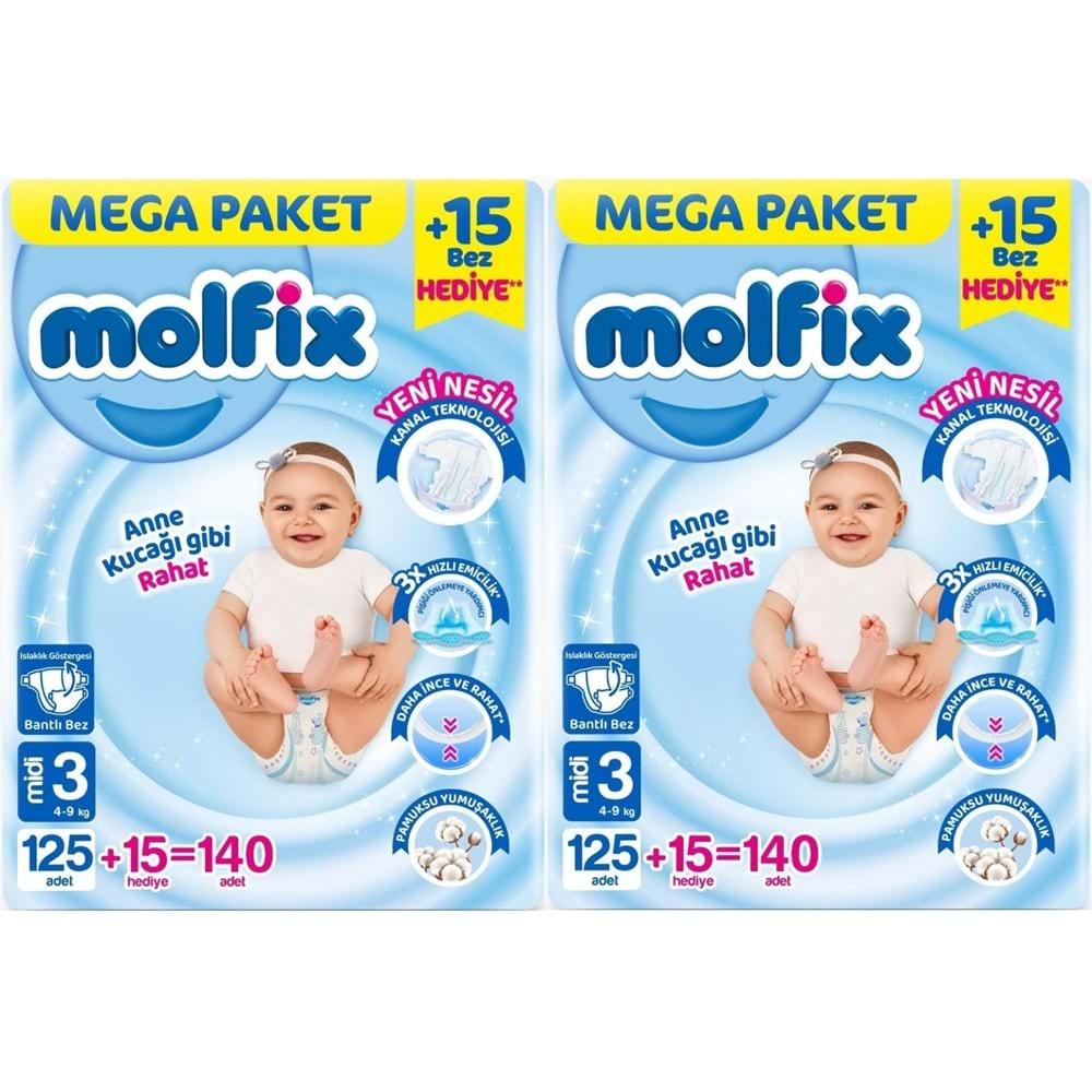Molfix Bebek Bezi Beden:3 (4-9KG) Midi 280 Adet Mega Ekonomik Fırsat Pk