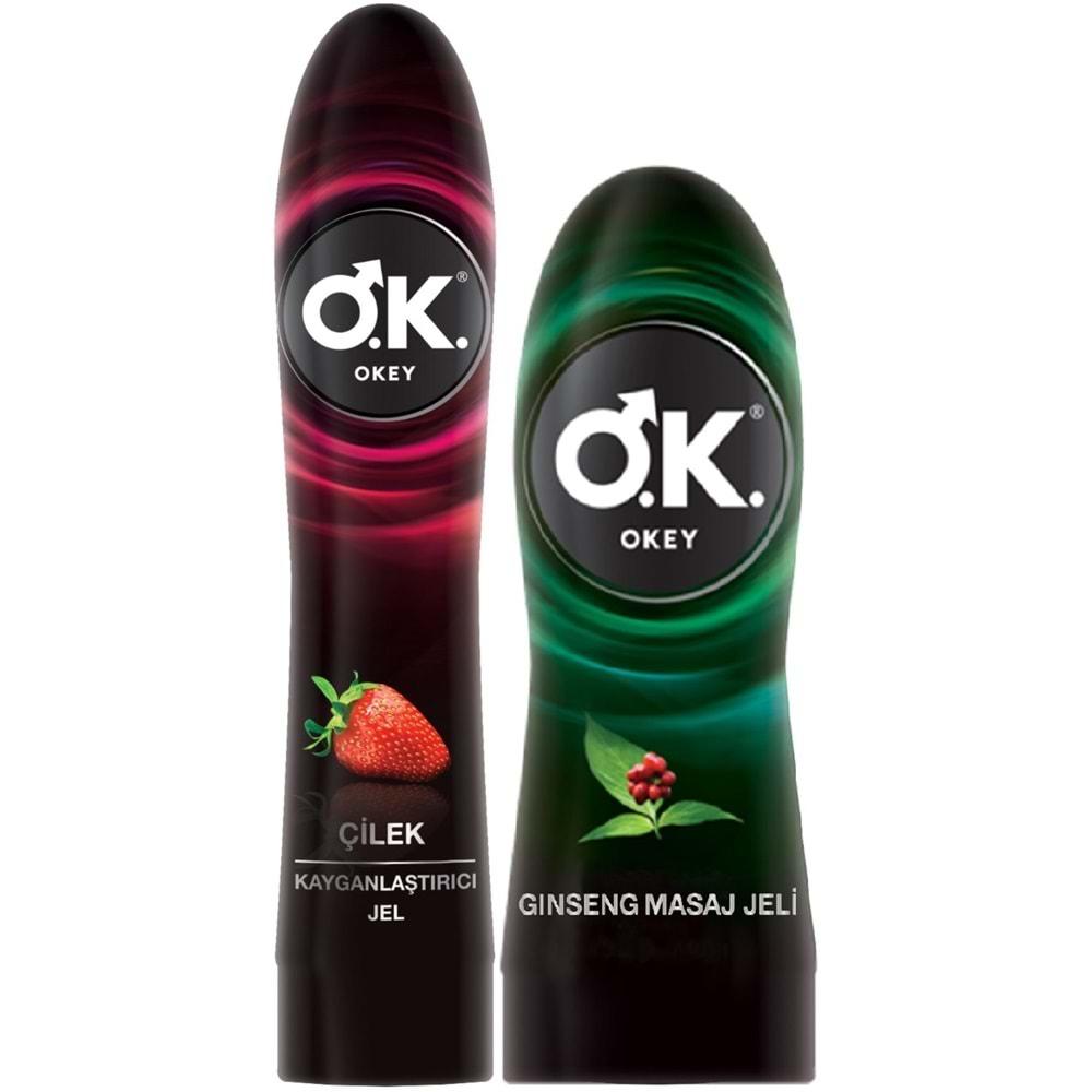 Okey Kayganlaştırıcı Jel Karma (Çilekli 100ML) - (Masaj Jeli 200ML Ginseng) (2 Li Set)