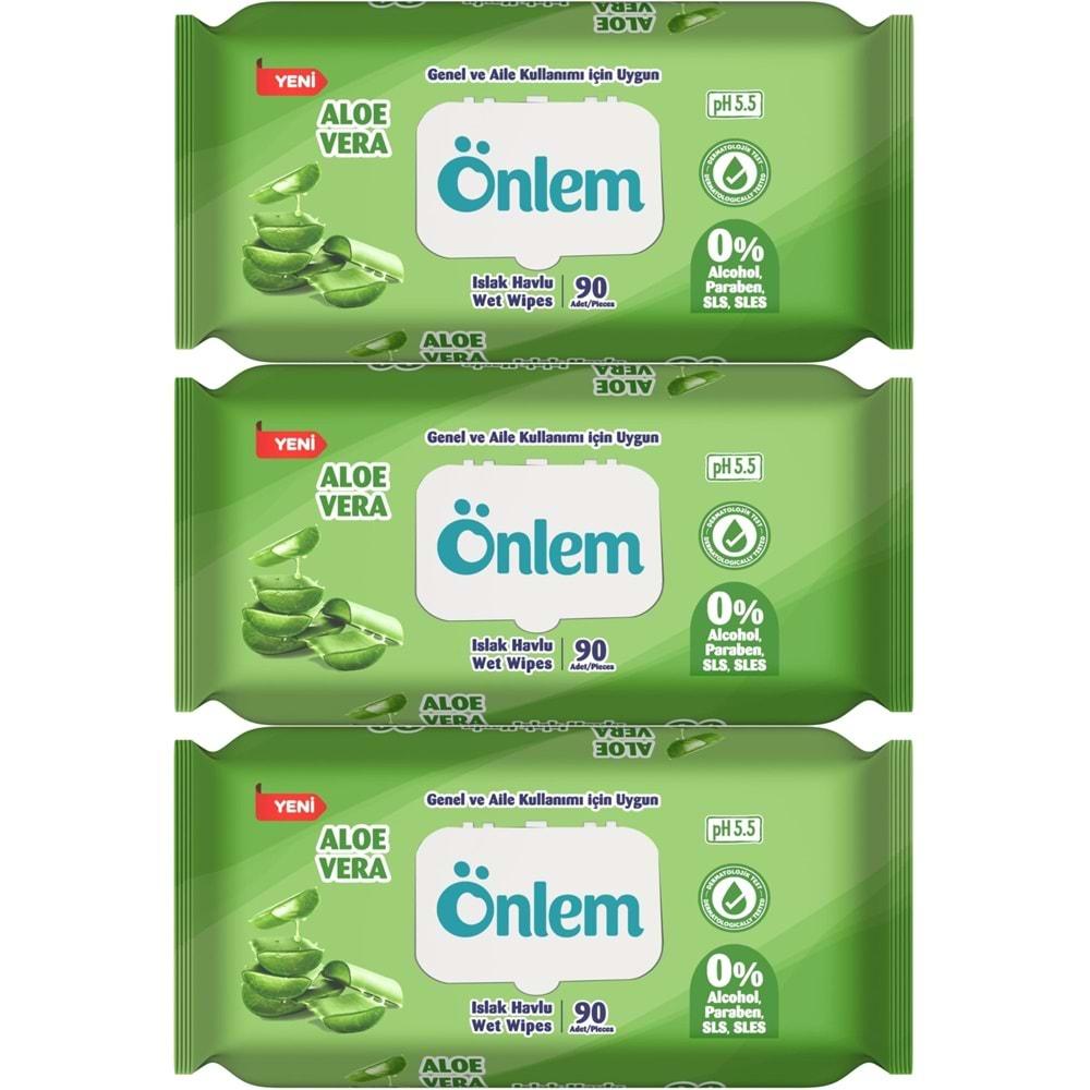 Önlem Islak Havlu Mendil 90 Yaprak Aloe Vera Plastik Kapaklı (3 Lü Set) (270 Yaprak)