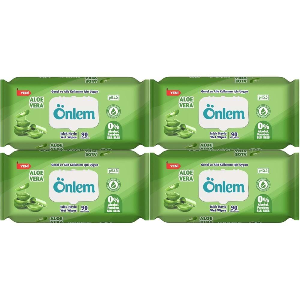 Önlem Islak Havlu Mendil 90 Yaprak Aloe Vera Plastik Kapaklı (4 Lü Set) (360 Yaprak)