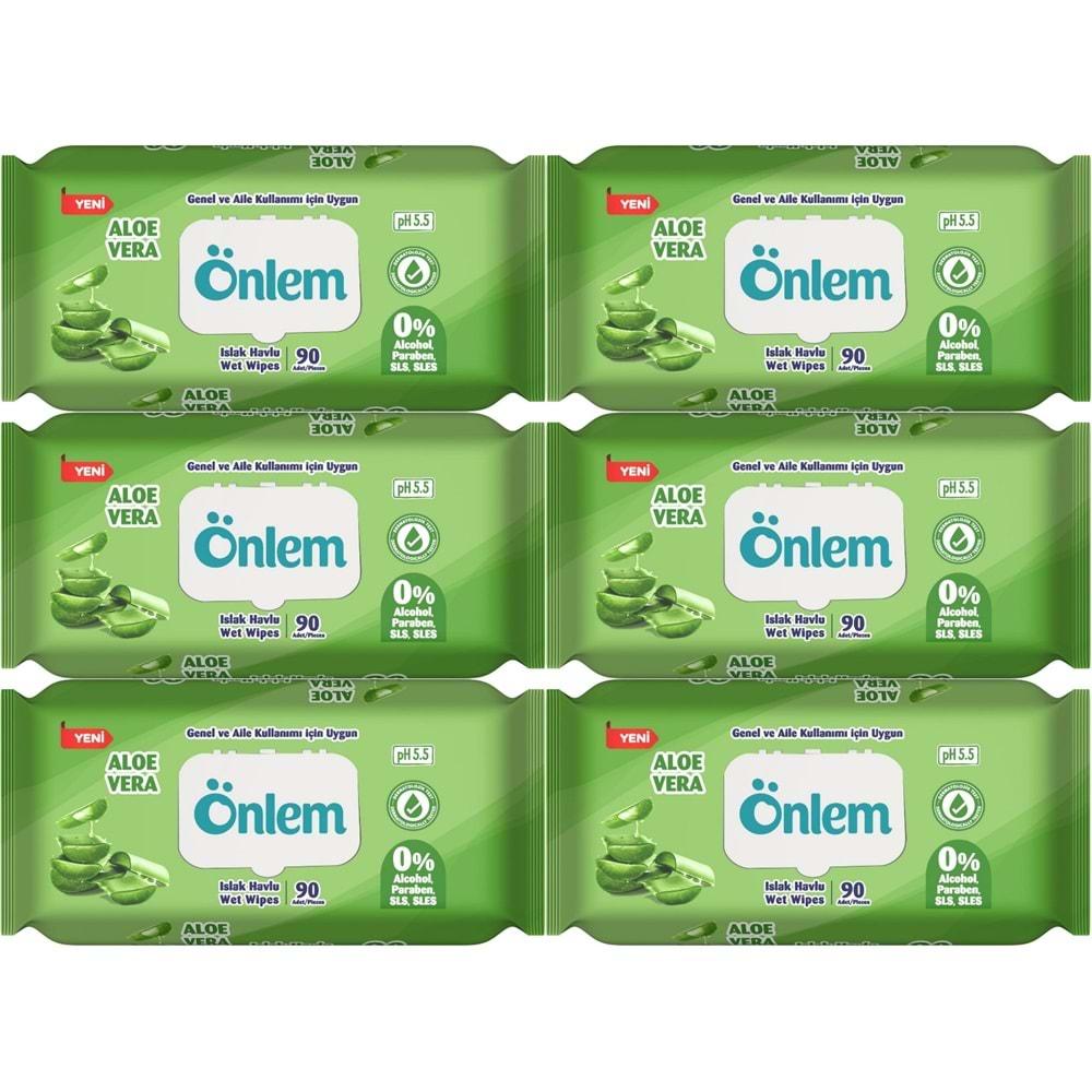 Önlem Islak Havlu Mendil 90 Yaprak Aloe Vera Plastik Kapaklı (6 Lı Set) (540 Yaprak)