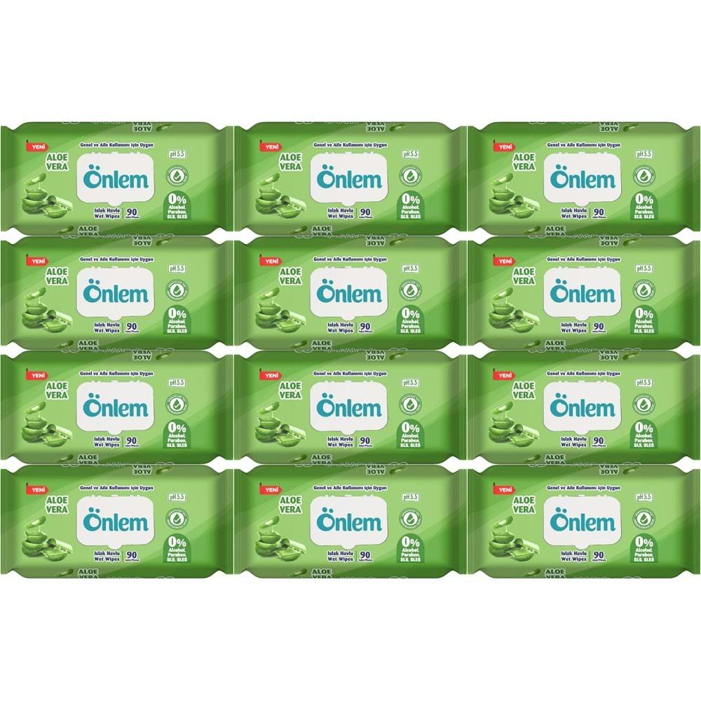 Önlem Islak Havlu Mendil 90 Yaprak Aloe Vera Plastik Kapaklı (12 Li Set) (1080 Yaprak)